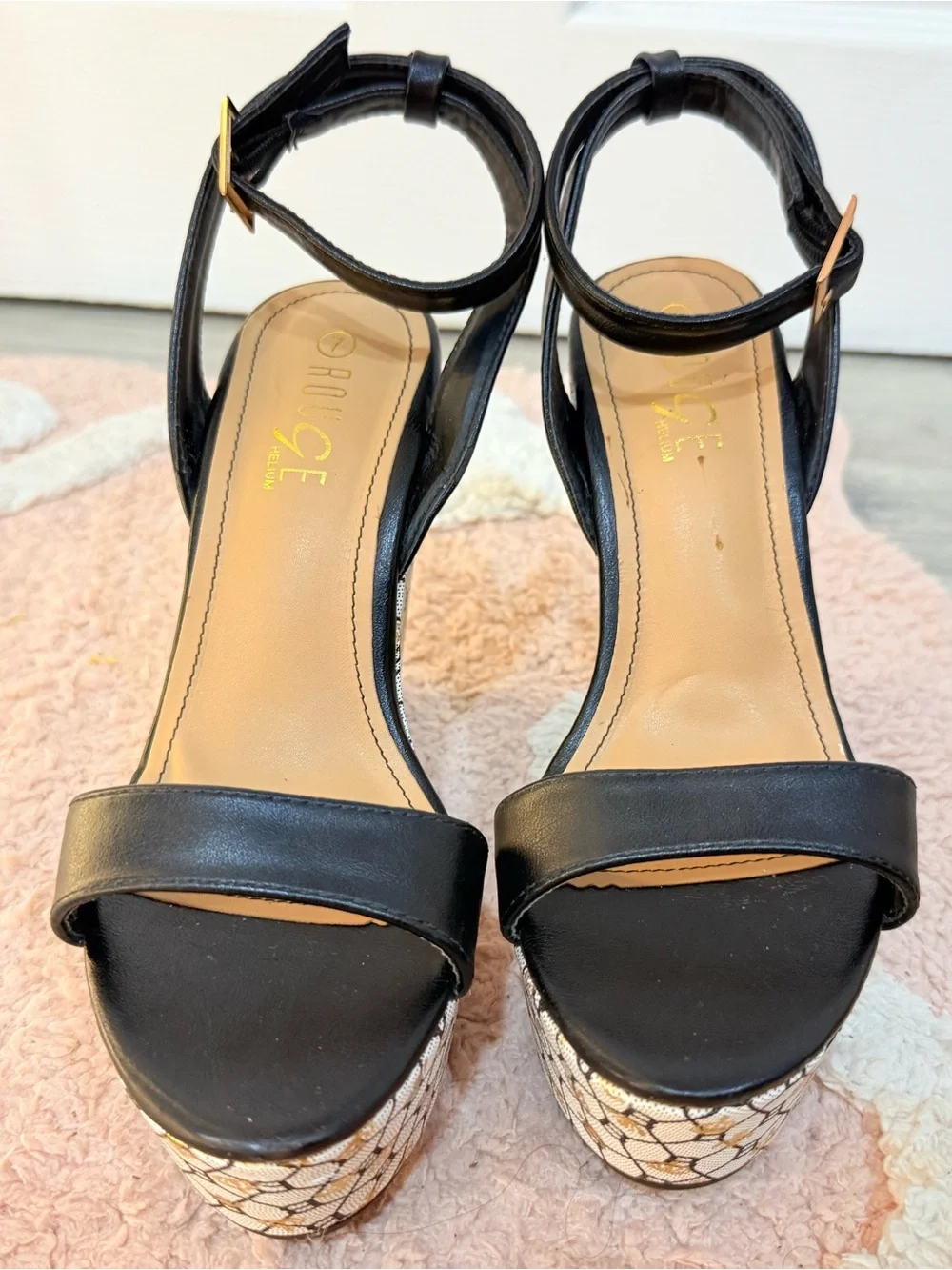 Black Leather Platform Wedge Sandals